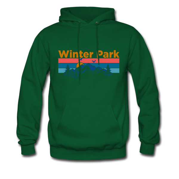 Winter Park, Colorado Hoodie - Retro Mountain & Birds Winter Park Hooded Sweatshirt - forest green