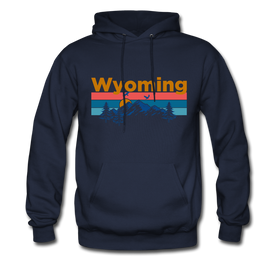 Wyoming Hoodie - Retro Mountain & Birds Wyoming Hooded Sweatshirt - navy