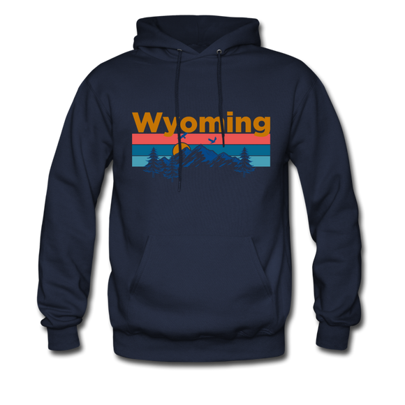 Wyoming Hoodie - Retro Mountain & Birds Wyoming Hooded Sweatshirt - navy