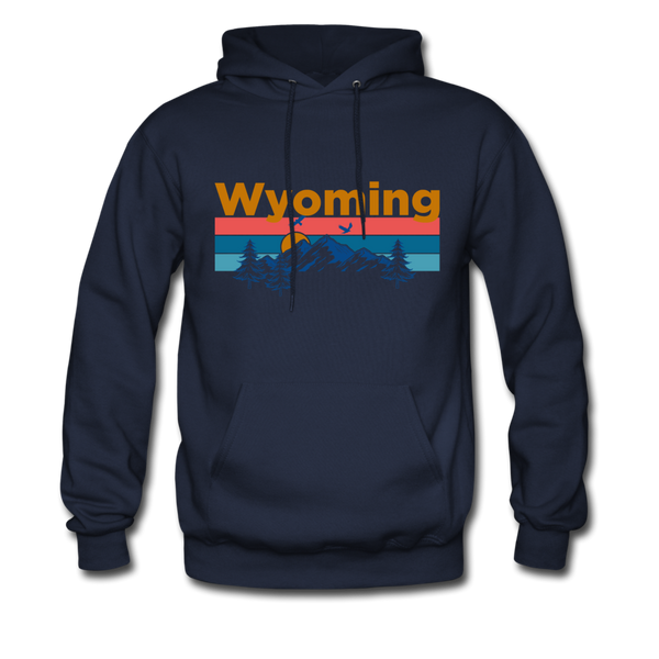 Wyoming Hoodie - Retro Mountain & Birds Wyoming Hooded Sweatshirt - navy