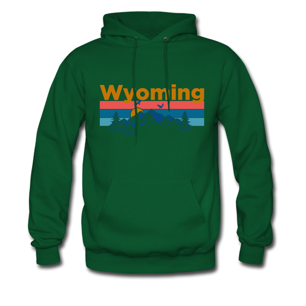 Wyoming Hoodie - Retro Mountain & Birds Wyoming Hooded Sweatshirt - forest green