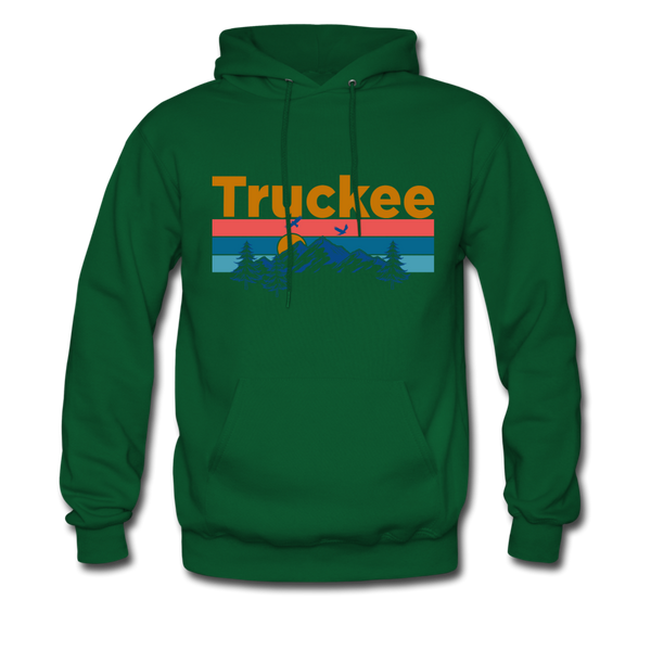 Truckee, California Hoodie - Retro Mountain & Birds Truckee Hooded Sweatshirt - forest green
