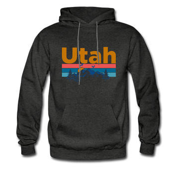 Utah Hoodie - Retro Mountain & Birds Utah Hooded Sweatshirt - charcoal gray