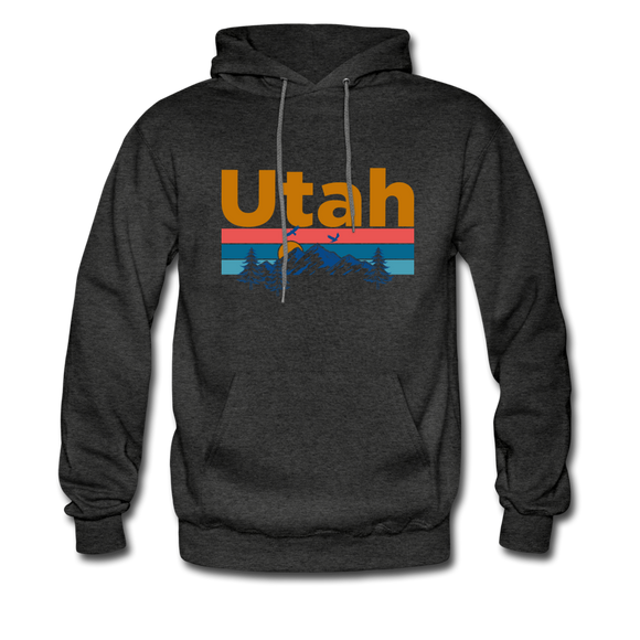 Utah Hoodie - Retro Mountain & Birds Utah Hooded Sweatshirt - charcoal gray