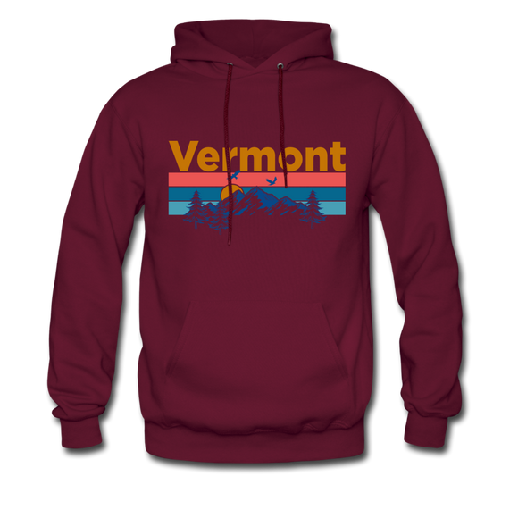 Vermont Hoodie - Retro Mountain & Birds Vermont Hooded Sweatshirt - burgundy