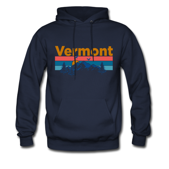 Vermont Hoodie - Retro Mountain & Birds Vermont Hooded Sweatshirt - navy