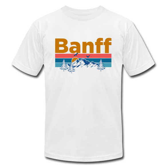 Banff, Canada T-Shirt - Retro Mountain & Birds Unisex Banff T Shirt - white