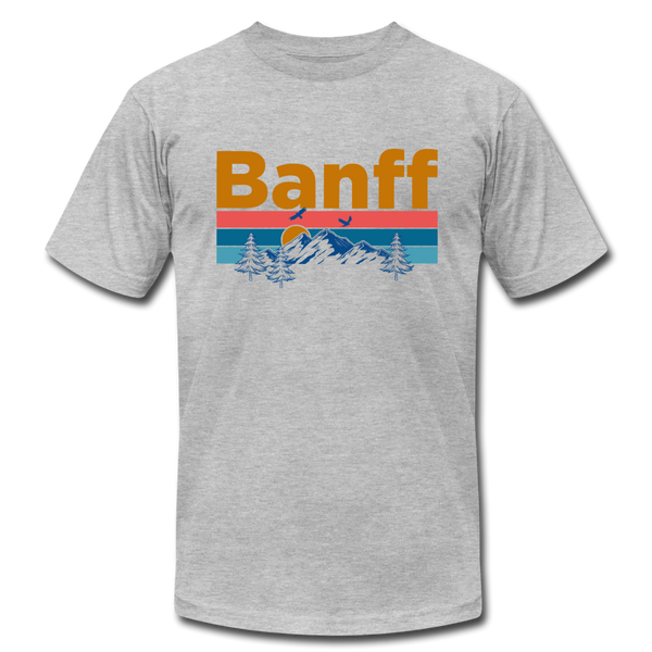 Banff, Canada T-Shirt - Retro Mountain & Birds Unisex Banff T Shirt - heather gray