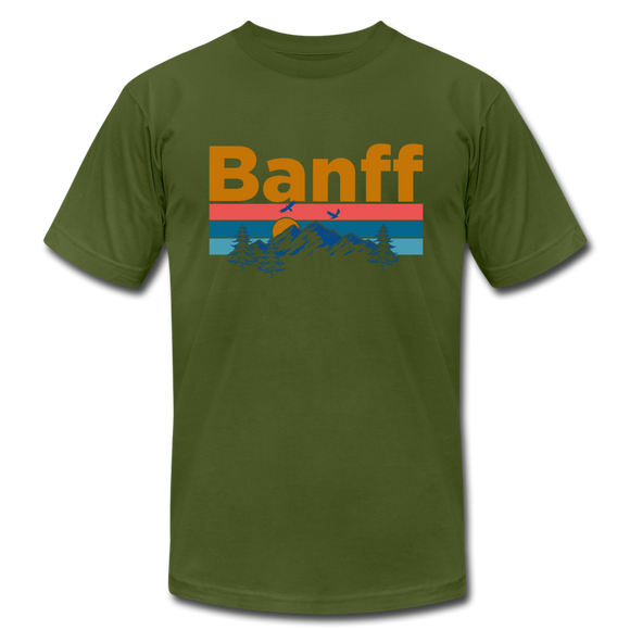 Banff, Canada T-Shirt - Retro Mountain & Birds Unisex Banff T Shirt - olive