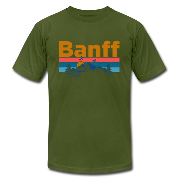Banff, Canada T-Shirt - Retro Mountain & Birds Unisex Banff T Shirt - olive