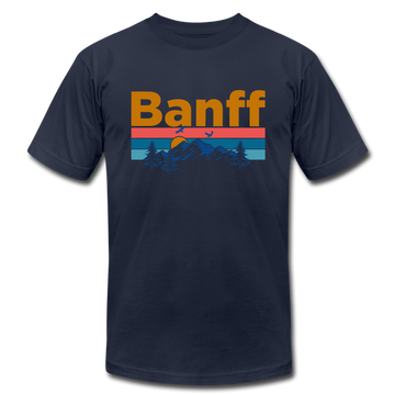 Banff, Canada T-Shirt - Retro Mountain & Birds Unisex Banff T Shirt - navy