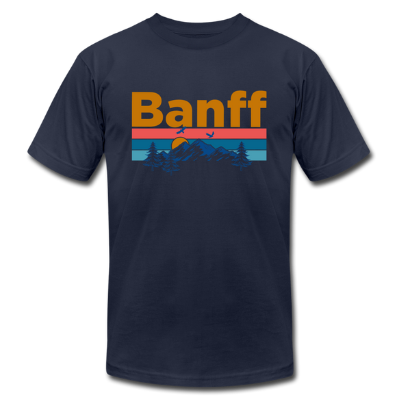 Banff, Canada T-Shirt - Retro Mountain & Birds Unisex Banff T Shirt - navy