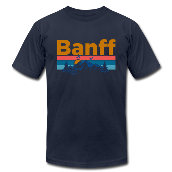 Banff, Canada T-Shirt - Retro Mountain & Birds Unisex Banff T Shirt - navy