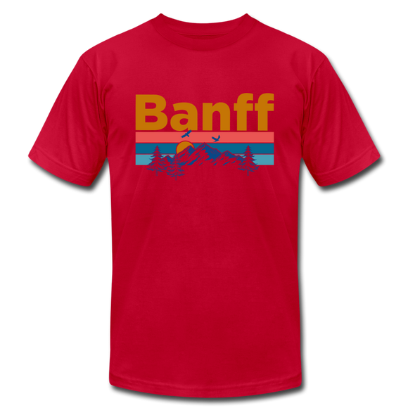 Banff, Canada T-Shirt - Retro Mountain & Birds Unisex Banff T Shirt - red