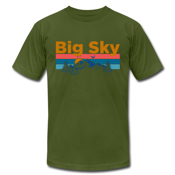 Big Sky, Montana T-Shirt - Retro Mountain & Birds Unisex Big Sky T Shirt - olive