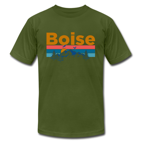 Boise, Idaho T-Shirt - Retro Mountain & Birds Unisex Boise T Shirt - olive