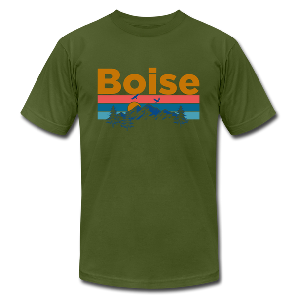 Boise, Idaho T-Shirt - Retro Mountain & Birds Unisex Boise T Shirt - olive