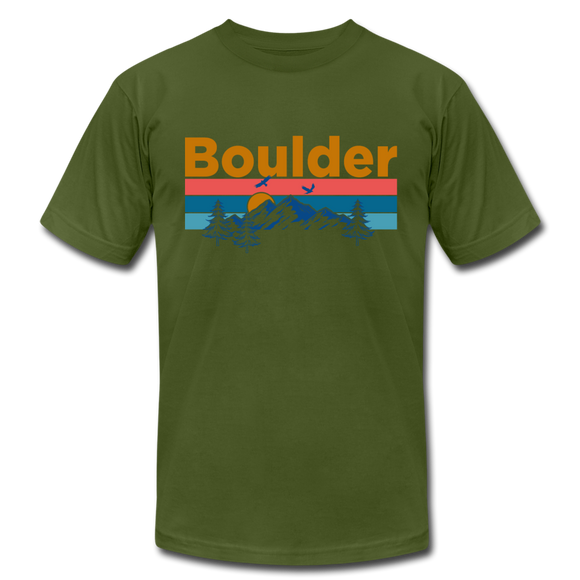Boulder, Colorado T-Shirt - Retro Mountain & Birds Unisex Boulder T Shirt - olive