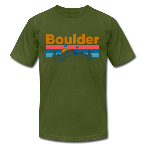 Boulder, Colorado T-Shirt - Retro Mountain & Birds Unisex Boulder T Shirt - olive