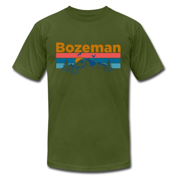 Bozeman, Montana T-Shirt - Retro Mountain & Birds Unisex Bozeman T Shirt - olive