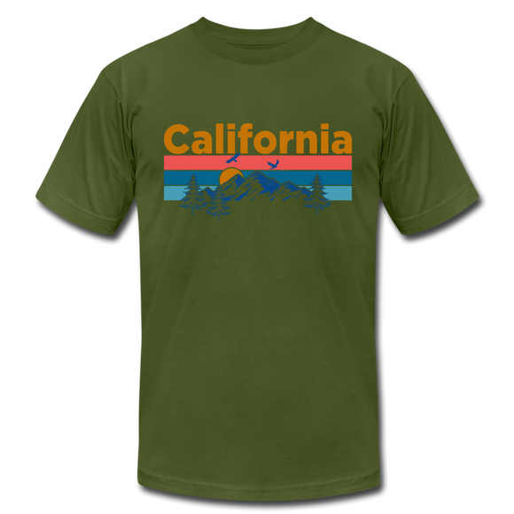 California T-Shirt - Retro Mountain & Birds Unisex California T Shirt - olive