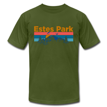 Estes Park, Colorado T-Shirt - Retro Mountain & Birds Unisex Estes Park T Shirt - olive
