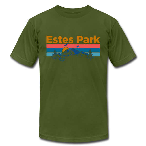 Estes Park, Colorado T-Shirt - Retro Mountain & Birds Unisex Estes Park T Shirt - olive