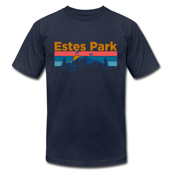 Estes Park, Colorado T-Shirt - Retro Mountain & Birds Unisex Estes Park T Shirt - navy
