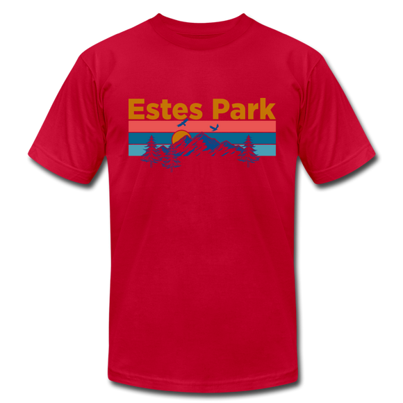 Estes Park, Colorado T-Shirt - Retro Mountain & Birds Unisex Estes Park T Shirt - red