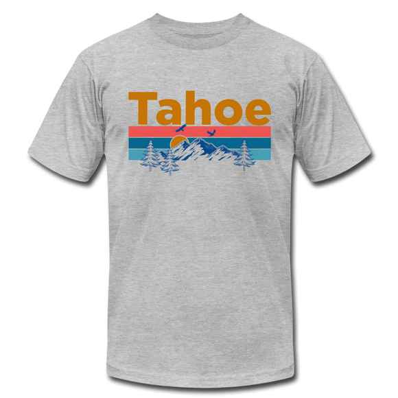Lake Tahoe, California T-Shirt - Retro Mountain & Birds Unisex Lake Tahoe T Shirt - heather gray