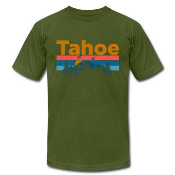 Lake Tahoe, California T-Shirt - Retro Mountain & Birds Unisex Lake Tahoe T Shirt - olive