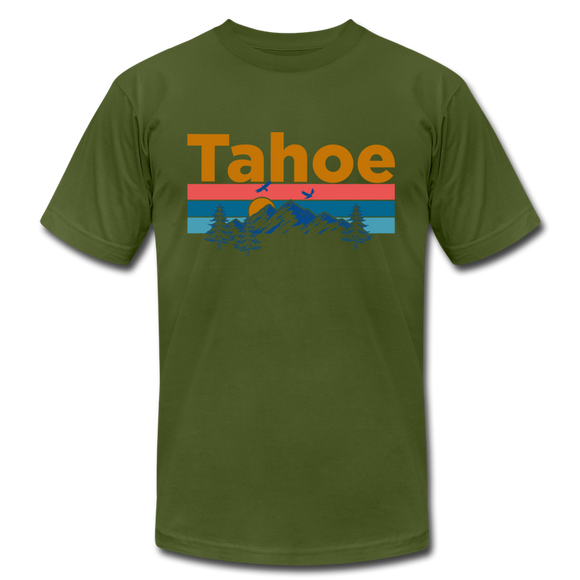 Lake Tahoe, California T-Shirt - Retro Mountain & Birds Unisex Lake Tahoe T Shirt - olive
