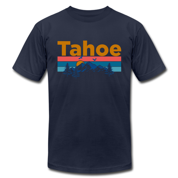Lake Tahoe, California T-Shirt - Retro Mountain & Birds Unisex Lake Tahoe T Shirt - navy