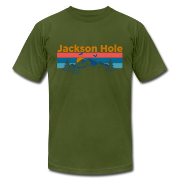 Jackson Hole, Wyoming T-Shirt - Retro Mountain & Birds Unisex Jackson Hole T Shirt - olive