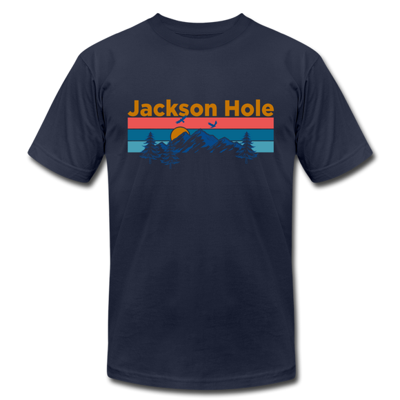 Jackson Hole, Wyoming T-Shirt - Retro Mountain & Birds Unisex Jackson Hole T Shirt - navy