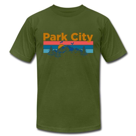 Park City, Utah T-Shirt - Retro Mountain & Birds Unisex Park City T Shirt - olive