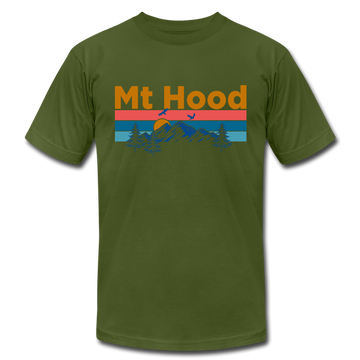 Mt Hood, Oregon T-Shirt - Retro Mountain & Birds Unisex Mt Hood T Shirt - olive