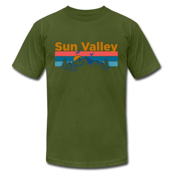 Sun Valley, Idaho T-Shirt - Retro Mountain & Birds Unisex Sun Valley T Shirt - olive