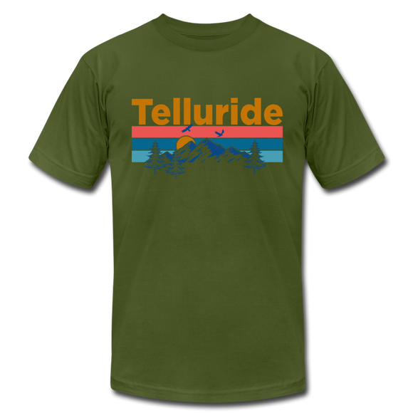Telluride, Colorado T-Shirt - Retro Mountain & Birds Unisex Telluride T Shirt - olive