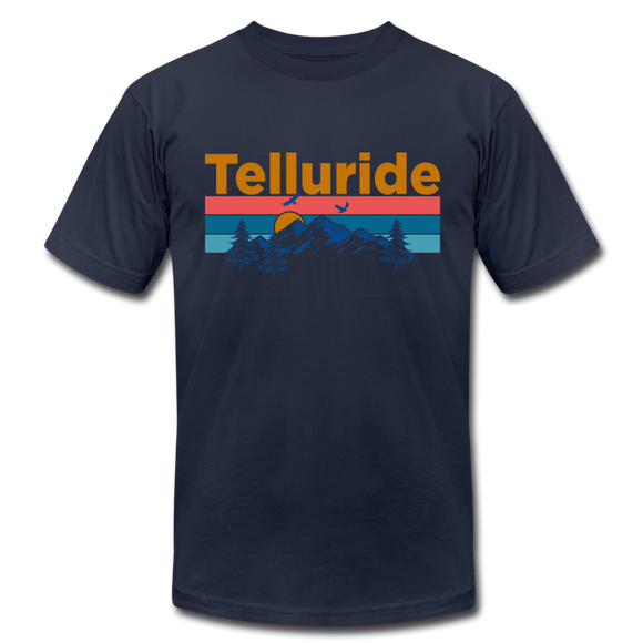 Telluride, Colorado T-Shirt - Retro Mountain & Birds Unisex Telluride T Shirt - navy
