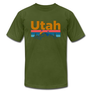 Utah T-Shirt - Retro Mountain & Birds Unisex Utah T Shirt - olive
