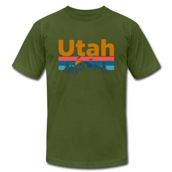 Utah T-Shirt - Retro Mountain & Birds Unisex Utah T Shirt - olive