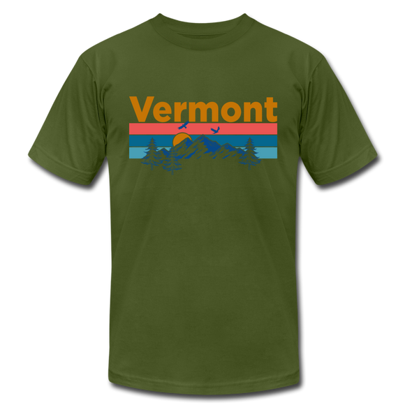 Vermont T-Shirt - Retro Mountain & Birds Unisex Vermont T Shirt - olive