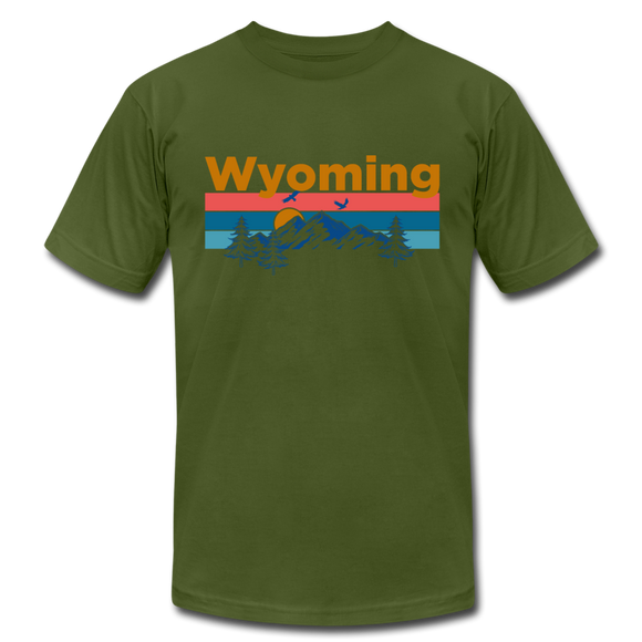 Wyoming T-Shirt - Retro Mountain & Birds Unisex Wyoming T Shirt - olive