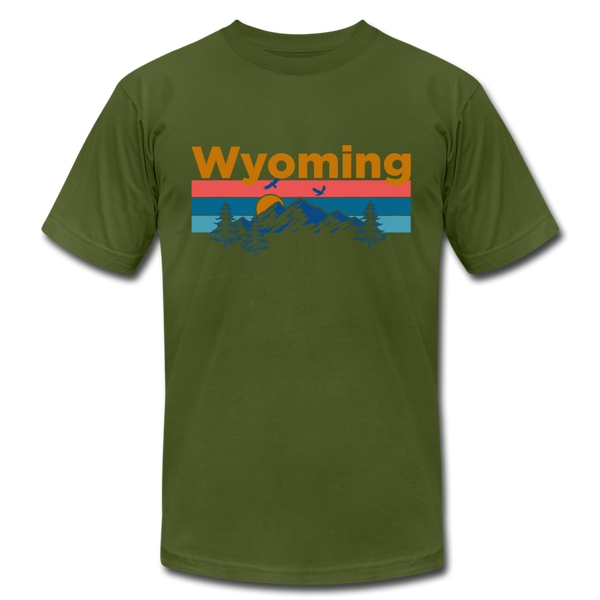 Wyoming T-Shirt - Retro Mountain & Birds Unisex Wyoming T Shirt - olive