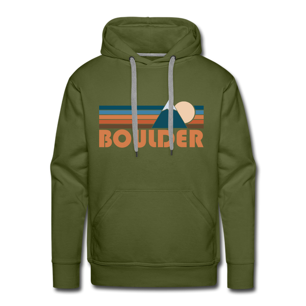 Premium Boulder, Colorado Hoodie - Retro Mountain Premium Men's Boulder Sweatshirt / Hoodie - olive green