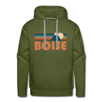 Premium Boise, Idaho Hoodie - Retro Mountain Premium Men's Boise Sweatshirt / Hoodie - olive green