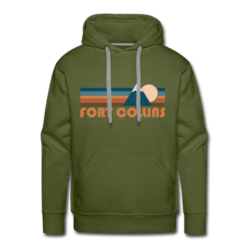 Premium Fort Collins, Colorado Hoodie - Retro Mountain Premium Men's Fort Collins Sweatshirt / Hoodie - olive green