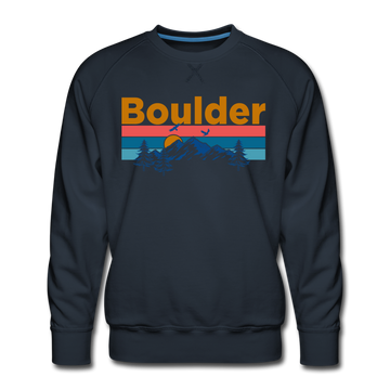Premium Boulder, Colorado Sweatshirt - Retro Mountain & Birds Premium Men's Boulder Sweatshirt - navy