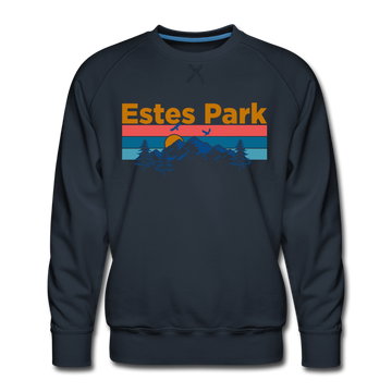 Premium Estes Park, Colorado Sweatshirt - Retro Mountain & Birds Premium Men's Estes Park Sweatshirt - navy
